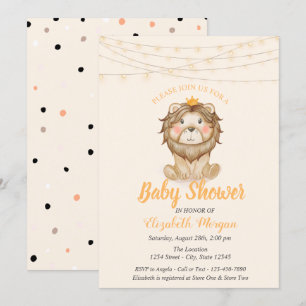 Invitation Lion mignon, guirlande lumineuse, Baby Shower à po