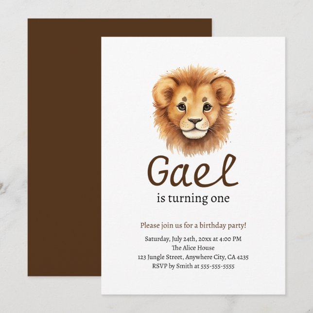 Invitation Lion Premier Roi de la Jungle Anniversaire (Devant / Derrière)