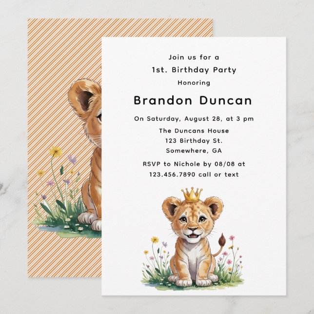 Invitation Lion Royal Bébé 1er. Fête d'anniversaire (Devant / Derrière)