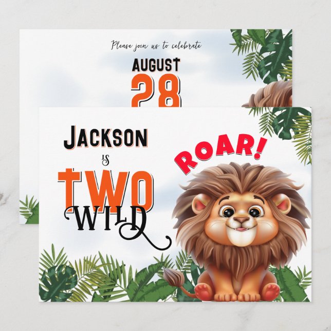 Invitation Lion Safari deux fêtes Anniversaires de enfants sa (Devant / Derrière)