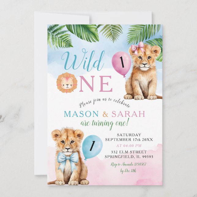 Invitation Lion Safari Twins avec Bow Wild Un Anniversaire (Devant)