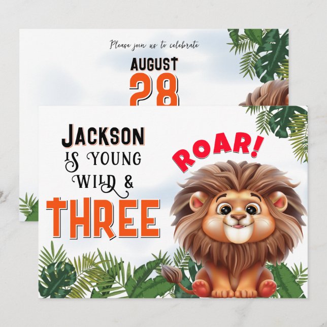 Invitation Lion Safari Wild & Trois Anniversaires de enfants  (Devant / Derrière)