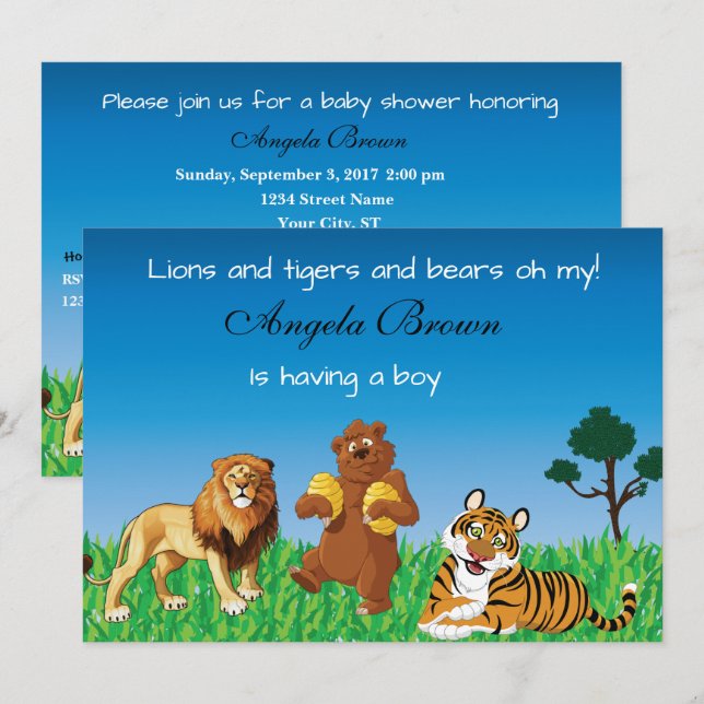 Invitation Lions, tigres, ours oh mon - baby shower unisexe (Devant / Derrière)