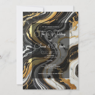 Invitation Liquide Doré Noir Blanc Aspect Marbre Mariage Glam