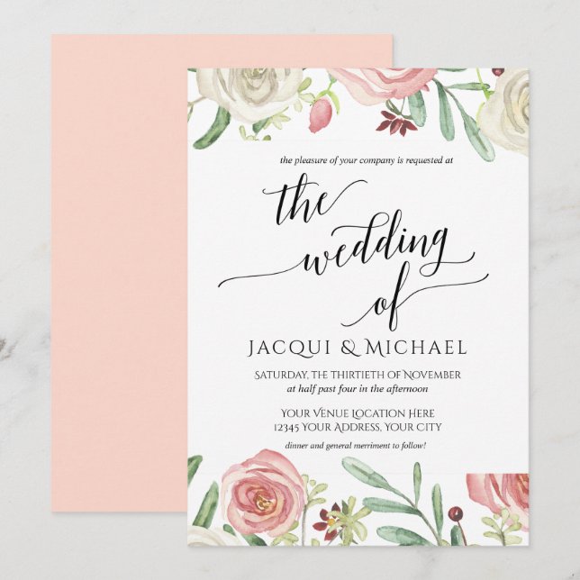 Invitation Liquide et Blush Floral Mariage Roses Feuilles de  (Devant / Derrière)