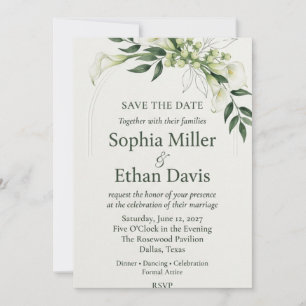 Invitation Lis calla blanche, baies, arche et aquarelle