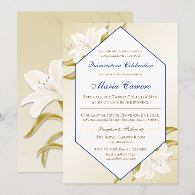Invitation Lis d'or et bleu marine Quinceañera (Devant / Derrière)