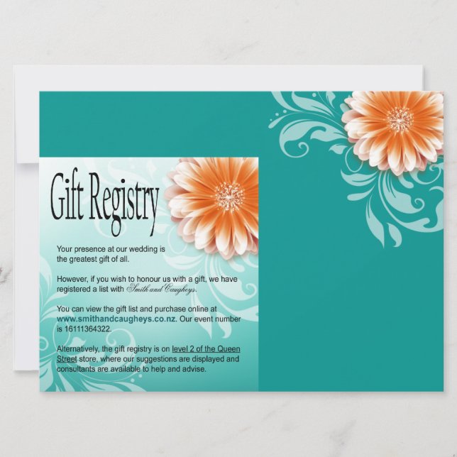 Invitation Liste de cadeaux Gerbera Daisy Orange Aqua (Devant)