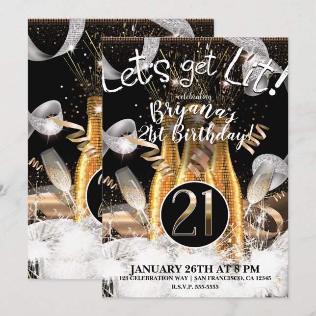 Invitation Lit Gold Bouteilles Champagne 21e 21 Fête (Devant / Derrière)