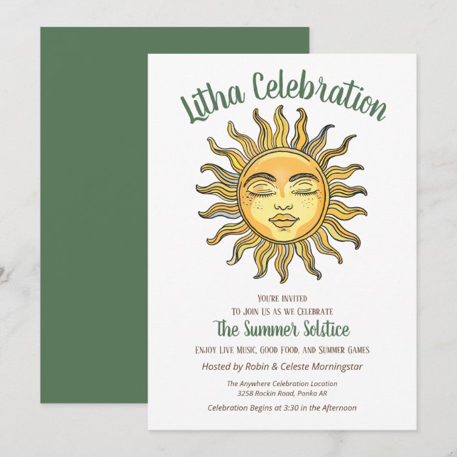 Invitation Litha Solstice d'été Soleil Jaune Sourire (Devant / Derrière)