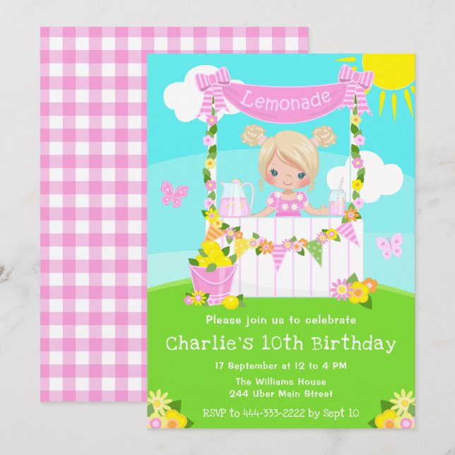Invitation Litronade rose Stand Anniversaire Blonde Hair Girl (Devant / Derrière)