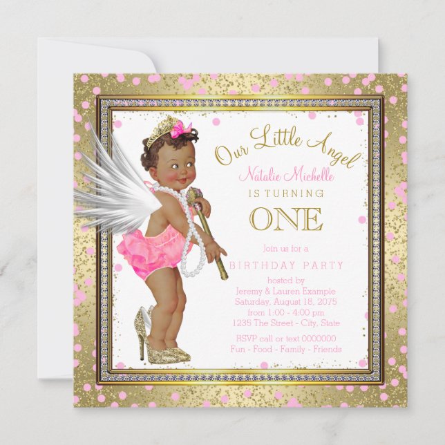 Invitation Little Angel Ethnic Girls 1st Birthday Party (Devant)