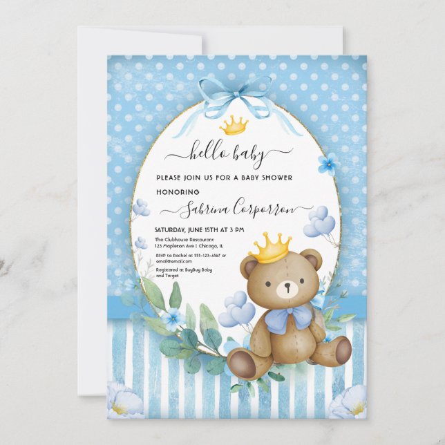 Invitation Little Bear Prince blue flower Baby boy Douche (Devant)