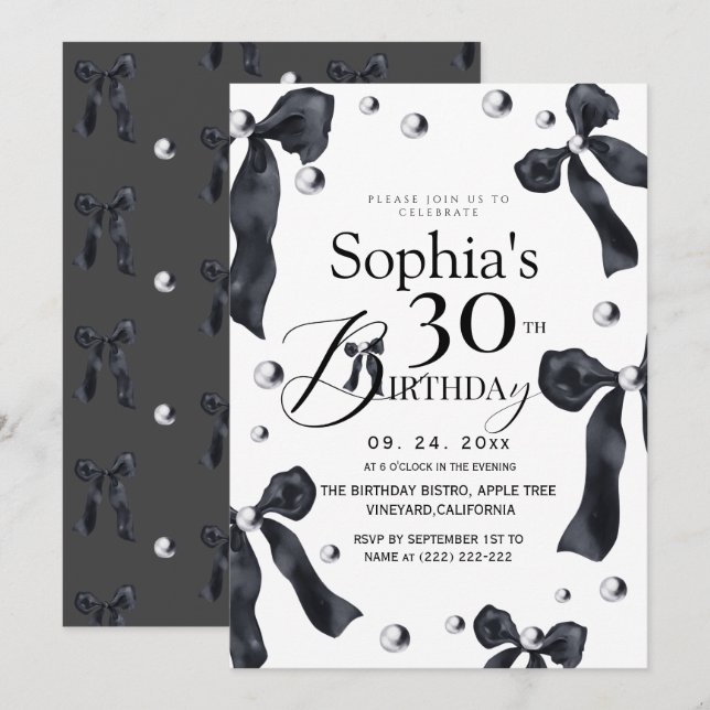 Invitation Little Black Bow Birthday Party (Devant / Derrière)