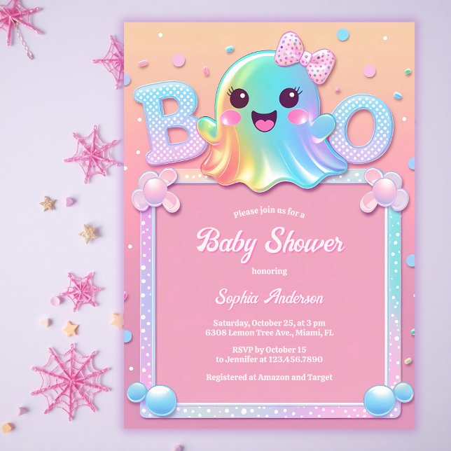 Invitation Little Boo Ghost mignon Halloween Baby shower fill (Little Boo Iridescent Ghost Baby Shower Invitation Cute Halloween Coquette Girl Invite for Fall)