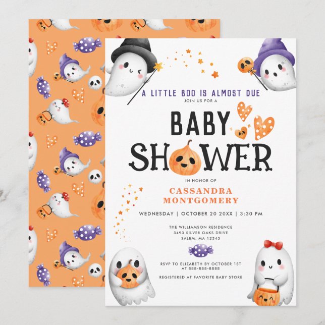 Invitation Little Boo Presque due jolie Baby shower Halloween (Devant / Derrière)