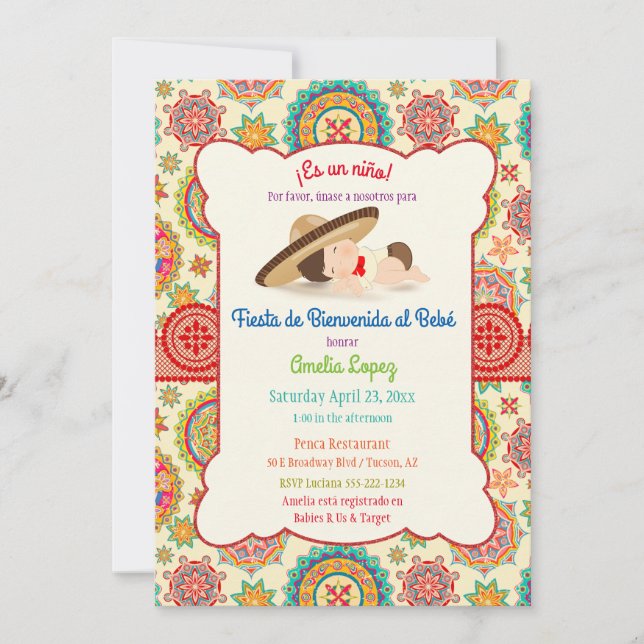 Invitation Little Boy Spanish Mexican Sombrero Baby shower (Devant)