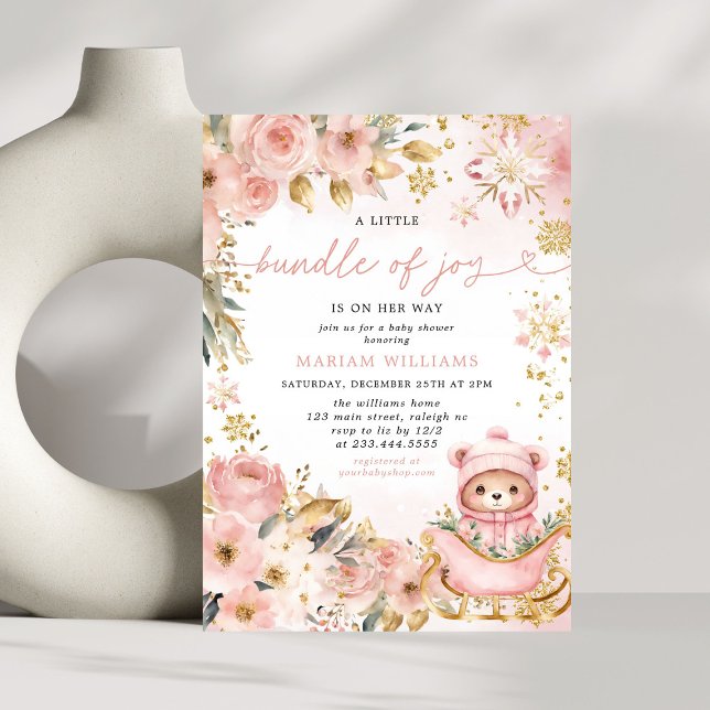 Invitation Little Bundle Pink Floral Bear Baby Shower (Créateur téléchargé)