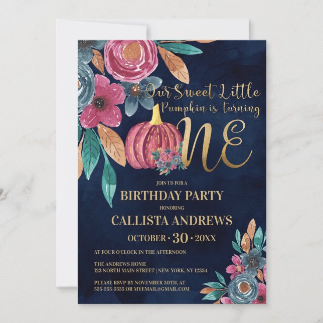 Invitation Little Citrouille Fall Gold Floral 1er anniversair (Devant)
