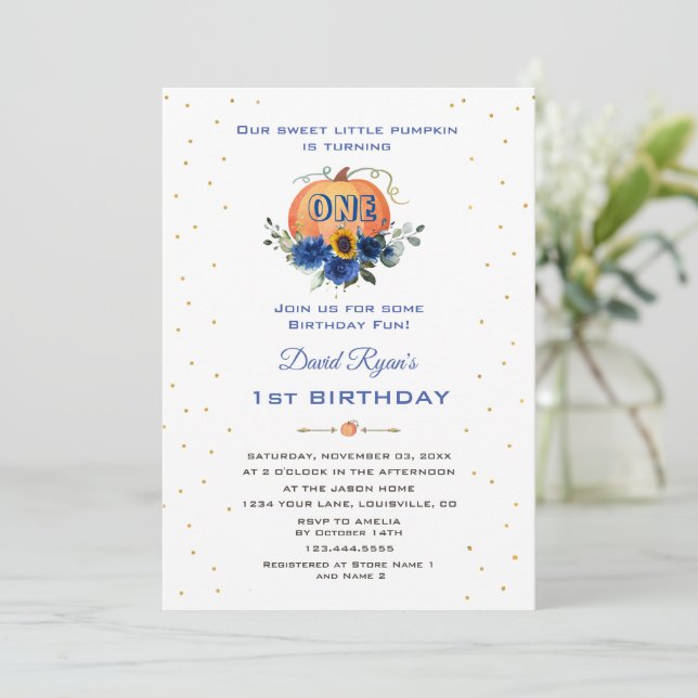 Invitation Little Citrouille Floral Thanksgiving 1er annivers (Debout devant)