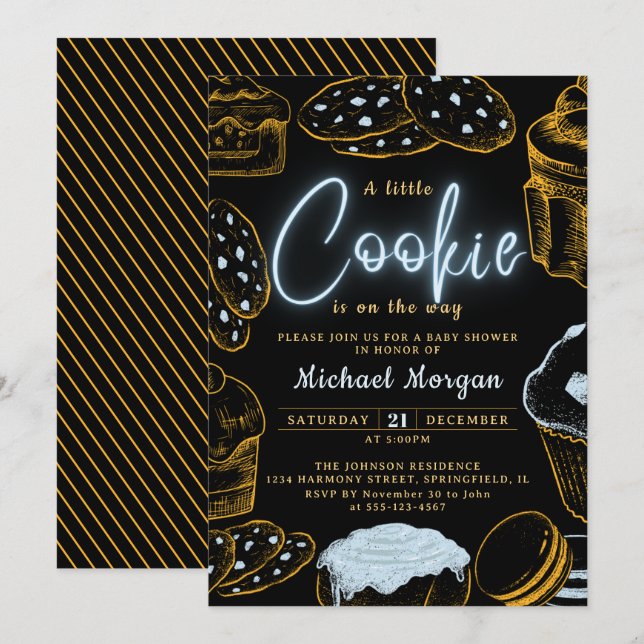 Invitation Little Cookie Baby Boy Baby shower bleu et noir (Devant / Derrière)