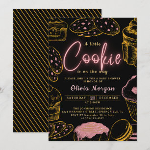 Invitation Little Cookie Baby Girl rose et Baby shower noir