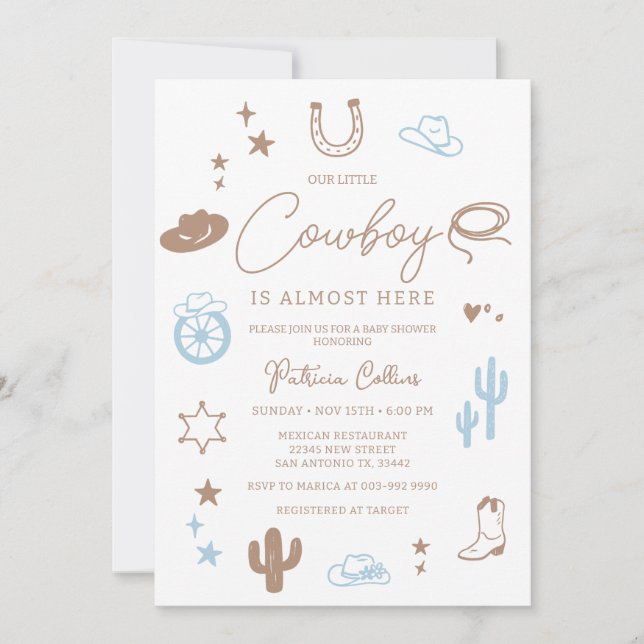 Invitation Little Cowboy Modern Wild West Baby Shower (Devant)