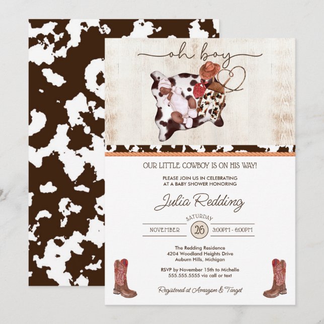 Invitation Little Cowboy Rustic Western V3 Boy Baby shower (Devant / Derrière)