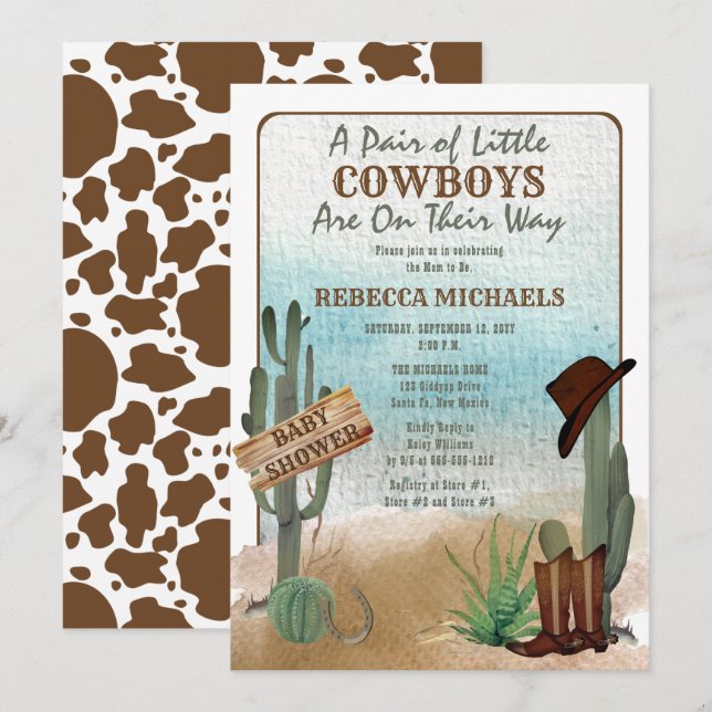 Invitation \Little Cowboys Western Boy Twins Baby shower (Devant / Derrière)