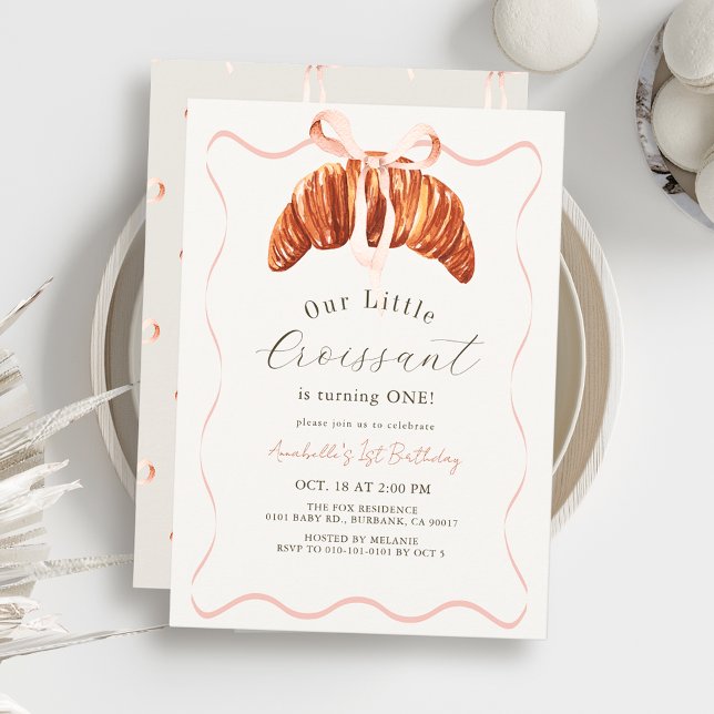 Invitation Little Croissant Pink Bow Ribbon Girl 1st Birthday (Créateur téléchargé)