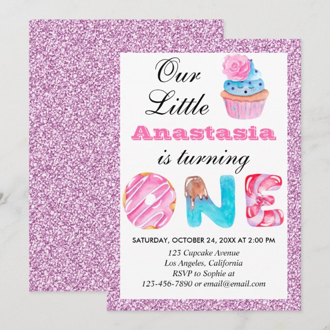 Invitation Little Cupcake Pink Lilac Parties scintillant 1er  (Devant / Derrière)