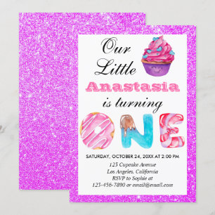 Invitation Little Cupcake Purple Parties scintillant 1er anni