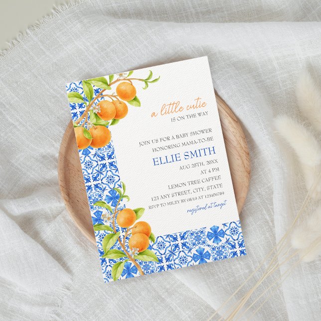 Invitation Little Cutie | Baby shower méditerranéen des agrum (Mediterranean tiles and tangerines baby shower invitation)