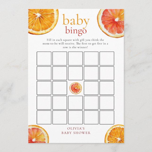 Invitation Little Cutie Orange Bingo Baby Shower Game Card (Devant)