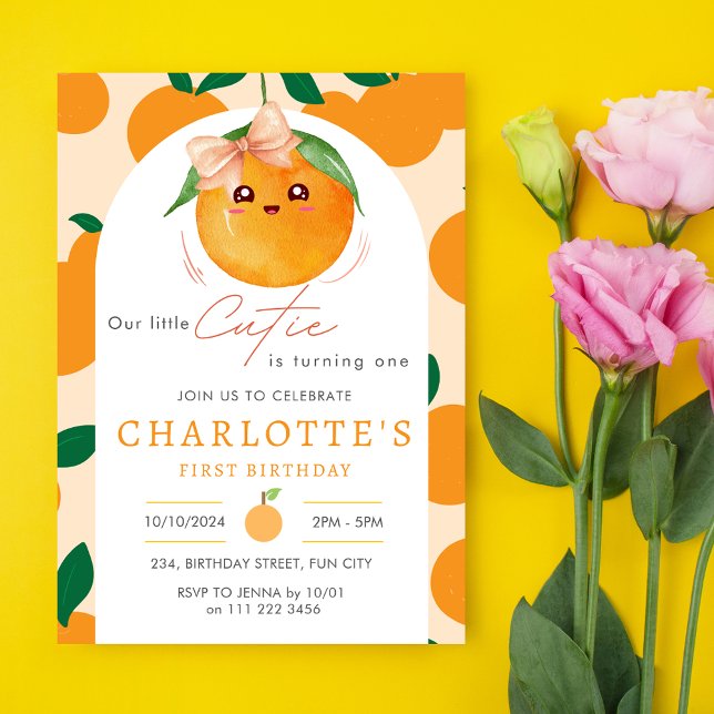 Invitation Little Cutie Orange Citrus 1er Anniversaire (Little Cutie Orange Citrus 1st First Birthday Invitation)