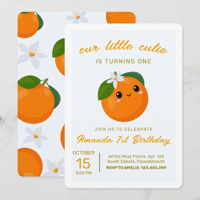 Invitation Little Cutie Orange Citrus 1er Anniversaire Invita (Devant / Derrière)