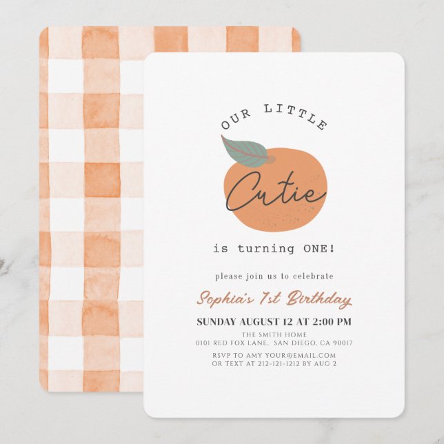 Invitation Little Cutie Orange Clean 1er anniversaire (Devant / Derrière)