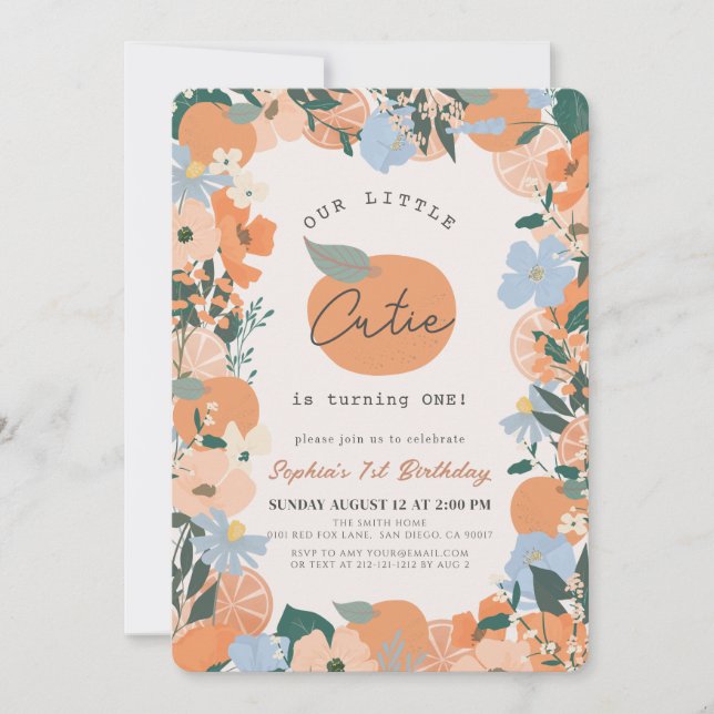 Invitation Little Cutie Orange Floral 1er anniversaire (Devant)