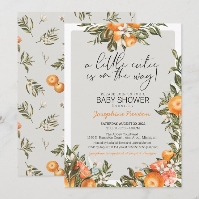 Invitation Little Cutie sur le chemin Baby shower d'agrumes o (Devant / Derrière)