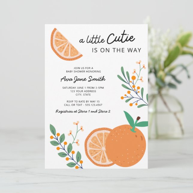 Invitation Little Cutie sur le chemin Orange Baby shower à th (Debout devant)