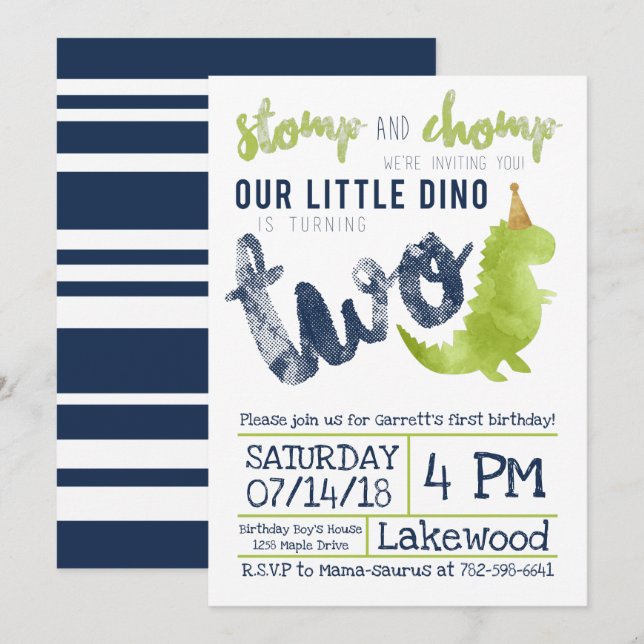 Invitation Little Dino 2e anniversaire Dinosaur thème Boy Nav (Devant / Derrière)
