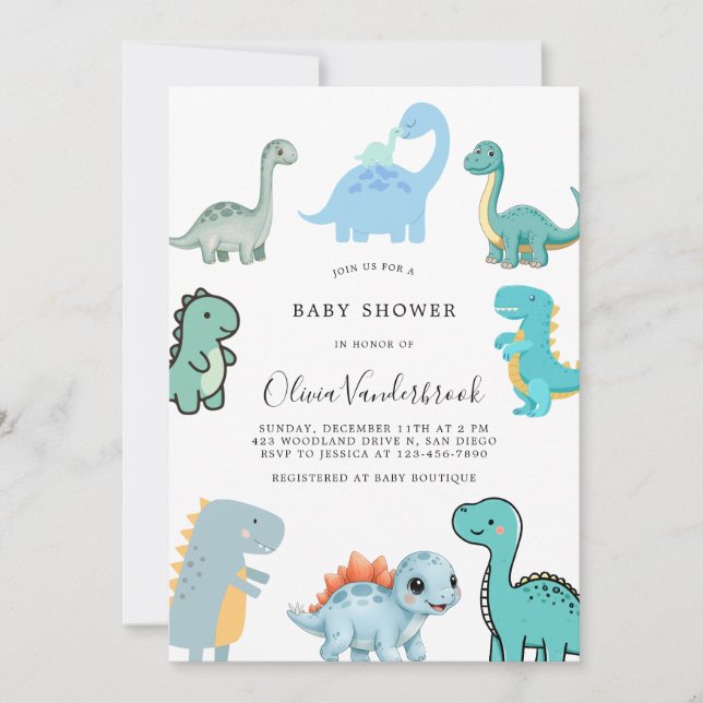 Invitation Little Dinosaur Cute Baby Shower (Devant)