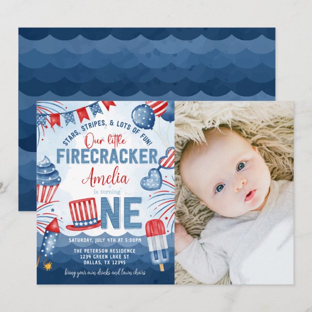 Invitation Little Firecracker 4 juillet 1ère fête d'anniversa (Devant / Derrière)