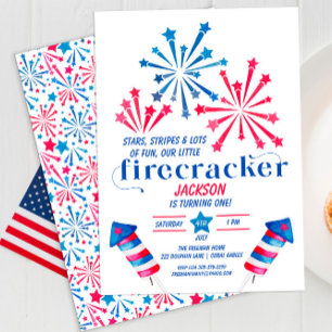 Invitation Little Firecracker Rouge Blanc Bleu Anniversaire