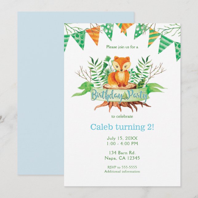 Invitation Little Fox dans la forêt Aquarelle fête d'annivers (Devant / Derrière)