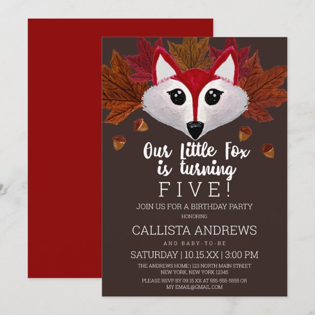 Invitation Little Fox Fall Red Brown Aquarelle Anniversaire (Devant / Derrière)