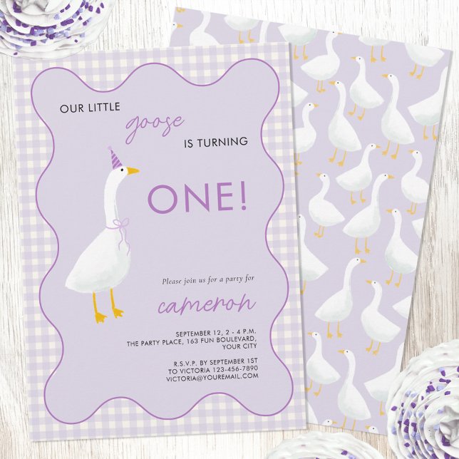Invitation Little Goose En vichy 1ère fête d'anniversaire (Little Goose geese themed first 1st birthday party invitation with wavy frame and ginghame check)