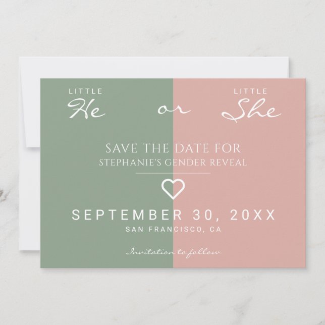 Invitation Little He, Little She Heart Dusty Rose, Sage Green (Devant)