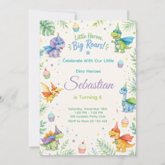 Invitation Little Heroes Big Roars Dinosaur Birthday Watercol