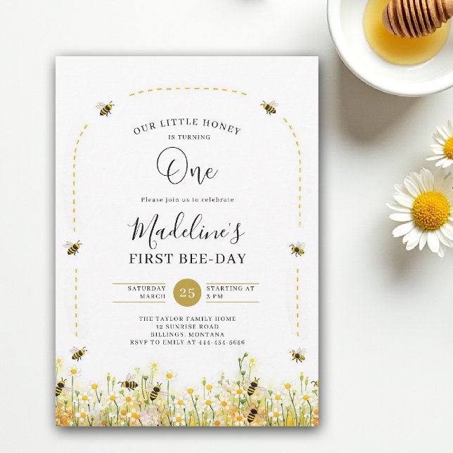 Invitation Little Honey Bee Day Wildflowers Arch 1st Birthday (little honey bee one first birthday party invitation floral watercolor summer modern wildflowers)